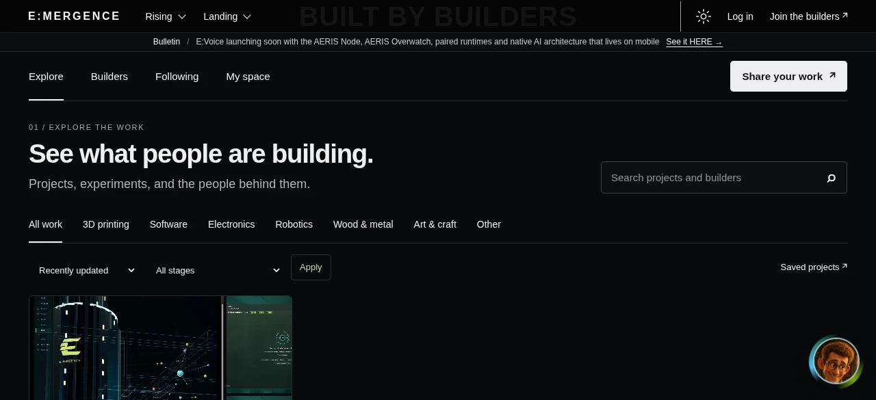 Existing public Artifacts interface: discovery tabs, project search, categories and the start of a shared project